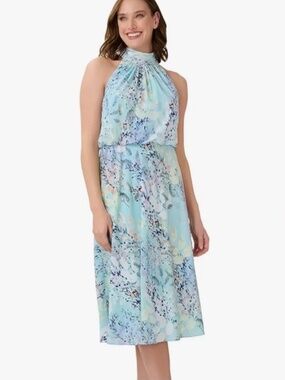 NWT - Adrianna Papell Aqua Floral Halter Maxi Dress